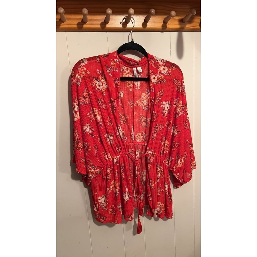 Cato Floral Red Kimono with Tassel Tie